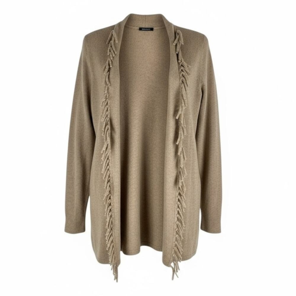 Magaschoni 100% Cashmere Fringe Trim Open Front Cardigan Brown Size XS